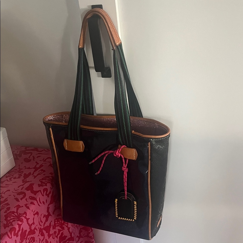 Consuela navy and green sparkle Tote with Pink Accent
